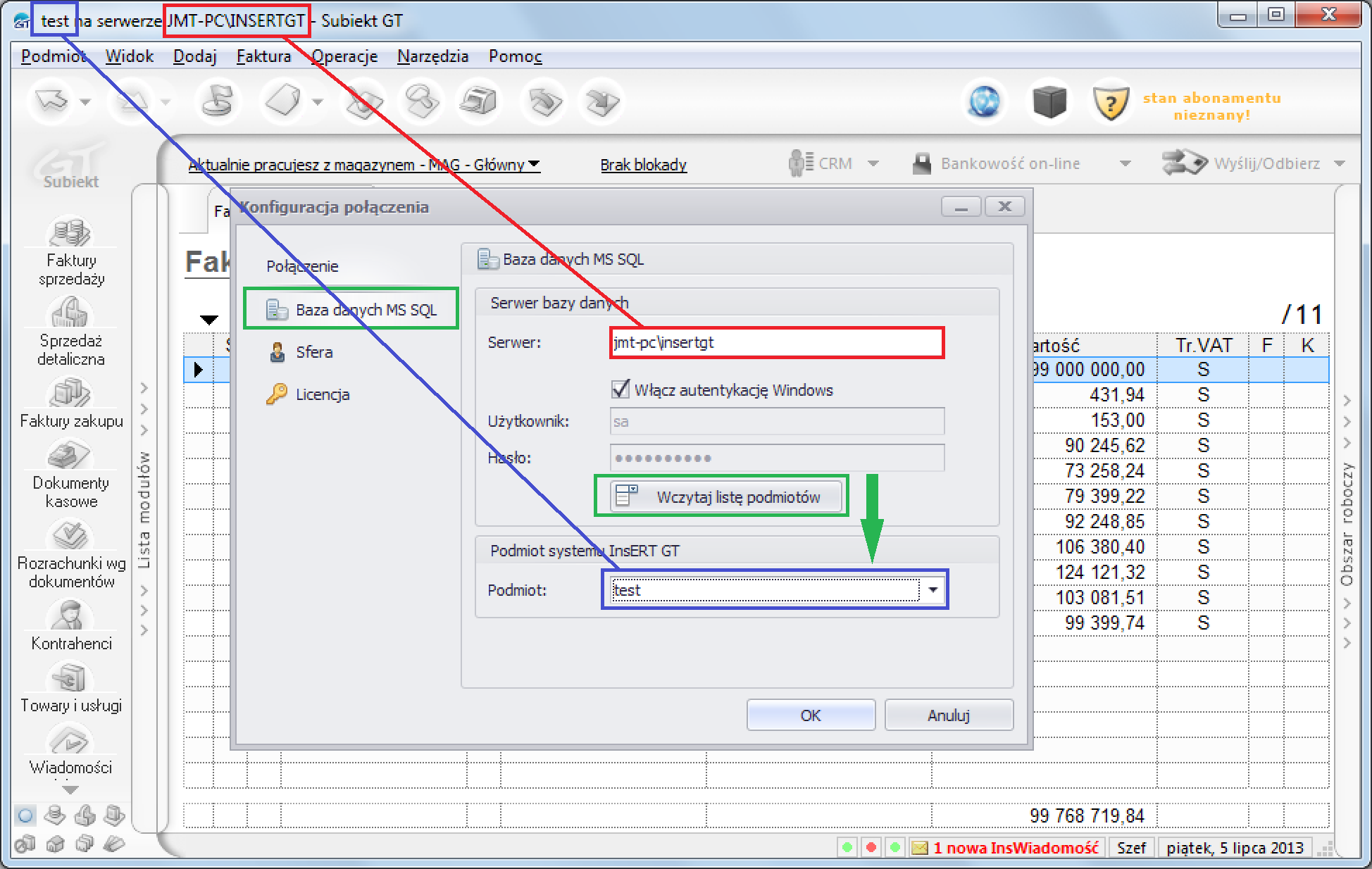 Serwer: nazwa serwera SQL i instancji (np.