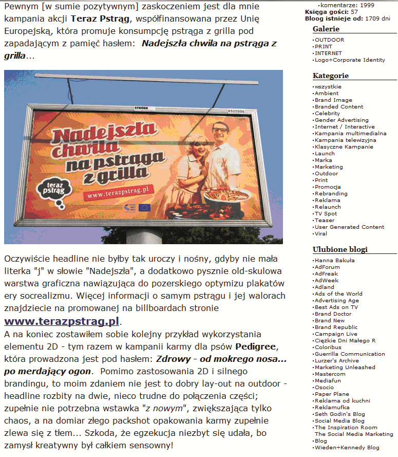 Fot. 1. Recenzja kampanii Teraz Pstrąg na blogu poświęconym marketingowi (źródło: Internet). 4.