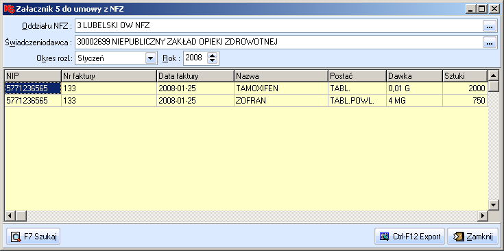 Archiwum raportów w module Refundacje W celu wygenerowania raportu w wyświetlonym oknie o tym samym tytule należy uzupełnić: Okres rozliczeniowy (miesiąc, rok, typ okresu), Umowę z NFZ, Oddział NFZ: