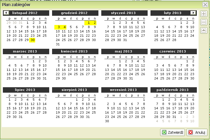 Dni, które zawierają zabiegi innych zleceo są podświetlane na niebiesko, zaś