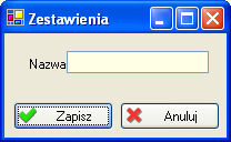 Wydruki Rys. Okno Zestawienia Aby dodać nowe zestawienie, należy wybrać przycisk Następnie należy podać nazwę zestawienia.. Rys. Dodawanie zestawienia W środkowej części okna wybiera się pola, które zostaną pokazane na wydruku.