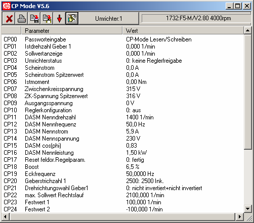 CP Mode: Wartości parametrów Nazwy parametrów i ich numery Ikona: Zapisz Ikona: Wpisz do falownika Zmiana