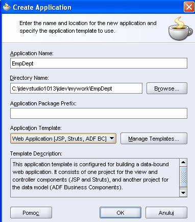 Tworzenie nowej aplikacji wg szablonu obejmującego ADF Business Components Wskazanie