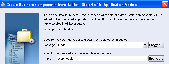 Tworzenie komponentów w biznesowych opartych o tabele bazy danych (4/6) Opcjonalne utworzenie domyślnego modułu aplikacji Domyślny moduł aplikacji zawiera wszystkie obiekty encyjne i