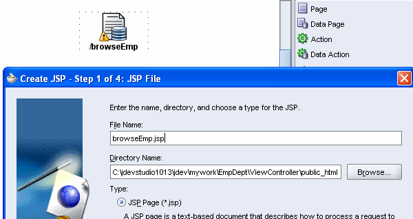 Tworzenie stron JSP widoków w (1/8) 398 Dwuklik na ikonie strony Dodawanie komponentów ADF reprezentujących