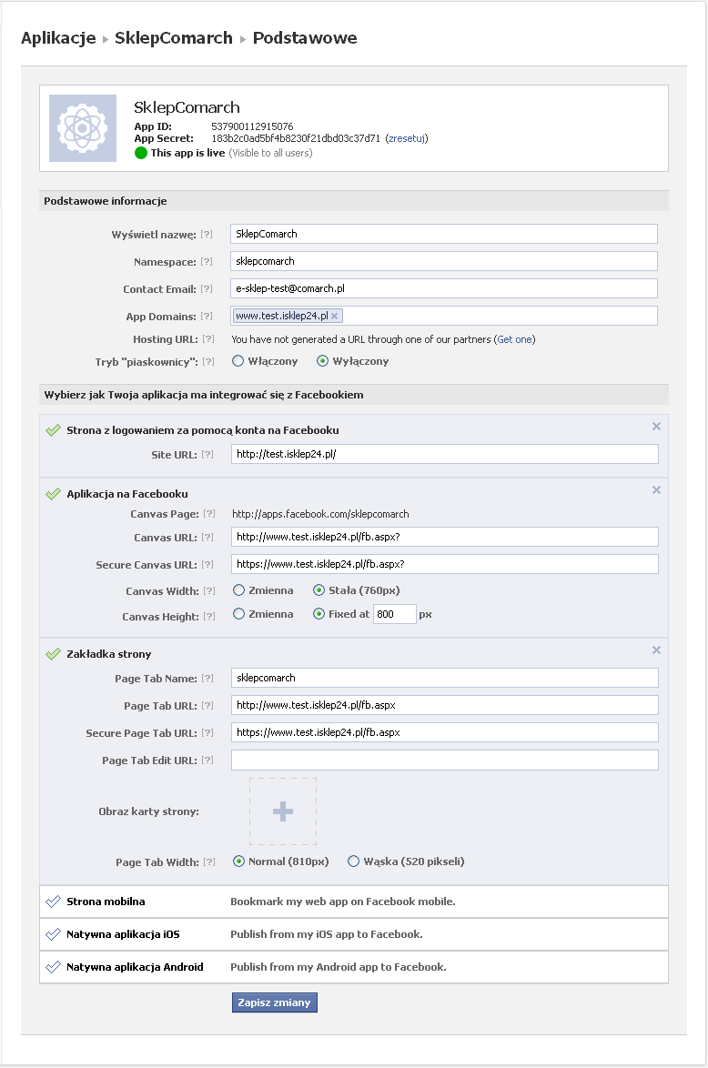 Obszar Podstawowe informacje: App Domain należy wpisać adres sklepu (np. www.nazwasklepu.