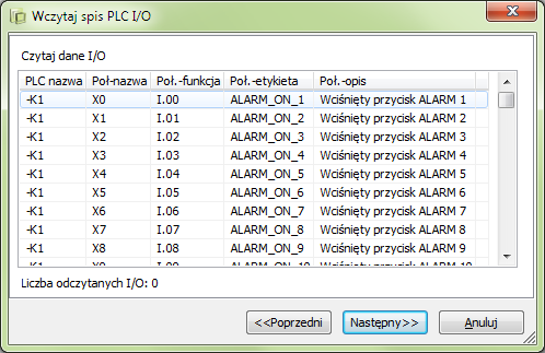 Projekt ze sterownikiem PLC z bazy aparatury Plik został wybrany. Kliknij Następny.