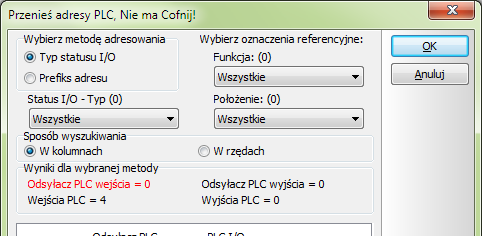 Projekty PLC z rysunkami standardowymi Wybierz z menu PLC => Przenieś adresy PLC. Program widzi 4 wejścia PLC - jest to informacja dla ciebie, że potrzebujesz sterownik z taką ilością wejść.