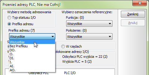 Projekty PLC z rysunkami standardowymi Gdy wybierzesz użycie jednego z filtrów zobaczysz, ile We/Wy PLC oraz symboli odsyłaczy PLC zostało znalezionych przez ten filtr w projekcie.