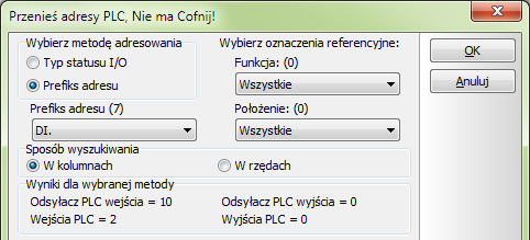 Projekty PLC z rysunkami standardowymi Wybór w rysunku standardowym Prefiks adresu jest wpisywany dla każdego symbolu We/Wy PLC oraz w symbolu odsyłacza PLC.