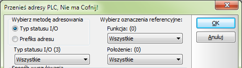 Projekty PLC z rysunkami standardowymi Wybór zablokowanego adresu Gdy przenosisz wiele różnych adresów w projekcie, pozostają ci zablokowane adresy. Zablokowane adresy muszą zostać obsłużone ręcznie.