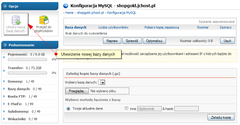 Po kliknięciu ikony Zarządzanie MySQL wyświetlony zostanie formularz, który umożliwia