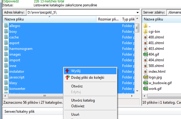 Jeżeli zostały już zaznaczone wszystkie pliki, które mają zostać przesłane na serwer, wystarczy kliknąć na zaznaczonym obszarze prawym przyciskiem myszy.