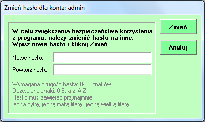 Opcja umożliwiająca włączenie okresowej zmiany hasła Jeśli funkcja jest aktywna, każdemu użytkownikowi co 30 dni wyświetli się okno zmiany hasła na nowe.
