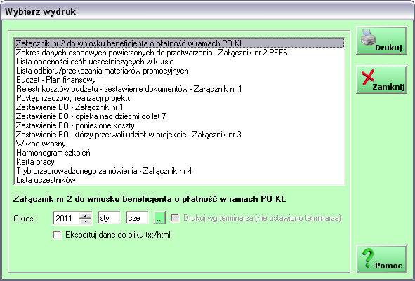 99 20. Wydruki Moduł wydruku raportów dostępny jest w oknie edycji projektu. Położenie opcji Drukuj Większość raportów posiada opcje konfiguracyjne dostępne pod listą dostępnych raportów.