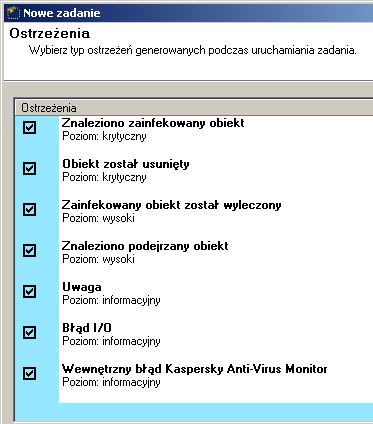 KASPERSKY AV CONTROL CENTER 6.4.4. Okno Ostrzeżenia W oknie Ostrzeżenia (Rysunek 96) zaznacz typy ostrzeżeń generowanych przez tworzone zadanie.