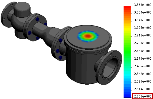 SOLIDWORKS Simulation Określ kolor dla wartości poniżej wartości minimalnej Zastosowanie wybranego koloru (ustawionego za pomocą elementu ) do obszarów modelu z