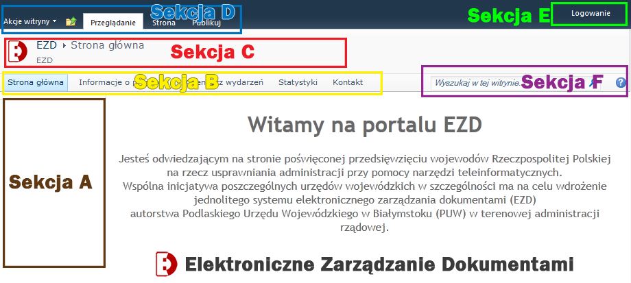 2. Opis portalu 2.1. Ogólny opis portalu Widok portalu po otworzeniu adresu http://portal.bialystok.uw.gov.pl/. Opis sekcji portalu EZD Sekecja A zawiera linki w poszczególnych działach.