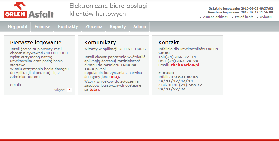 2.1-2 Strona powitalna Podanie błędnego loginu i/lub hasła skutkuje pojawieniem się informacji o niepowodzeniu logowania się.