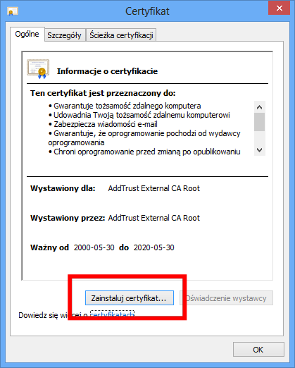 1. Podłączenie do sieci eduroam uwzględniające weryfikację certyfikatu serwera 1. Zapisać na dysku twardym komputera certyfikat główny, będący do pobrania pod adresem https://eduroam.civitas.edu.pl/certificate/addtrustexternalcaroot.