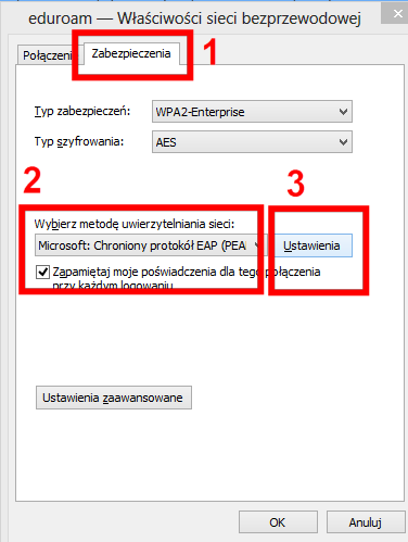 9. W oknie Właściwości sieci bezprzewodowej przejść na zakładkę Zabezpieczenia (1), wybrać metodę