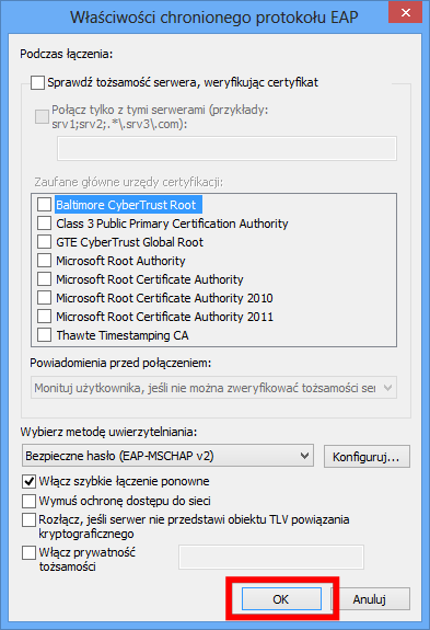 11. Odznaczyć pole Automatycznie użyj mojej nazwy logowania i hasła (oraz domeny, jeżeli istnieje)