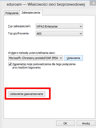 13. Na zakładce Zabezpieczenia w oknie Właściwości sieci