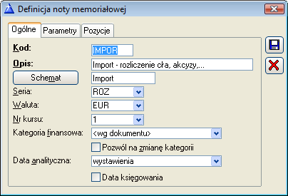 Zdefiniowane noty memoriałowe są dostępne po wybraniu funkcji: Noty memoriałowe/definicje dokumentów z menu: Księgowość. Są one zebrane w formie listy (Rys. 9.). Rys. 9.181 Lista definicji not memoriałowych.