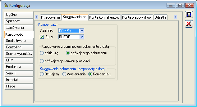 Rys. 9.6 Konfiguracja, zakładka: Księgowania. 9.3.1.6 Konfiguracja, zakładka: Księgowość/Księgowania cd. Na zakładce znajdują się parametry dotyczące księgowania kompensat. Rys. 9.7 Konfiguracja, zakładka: Księgowania cd.