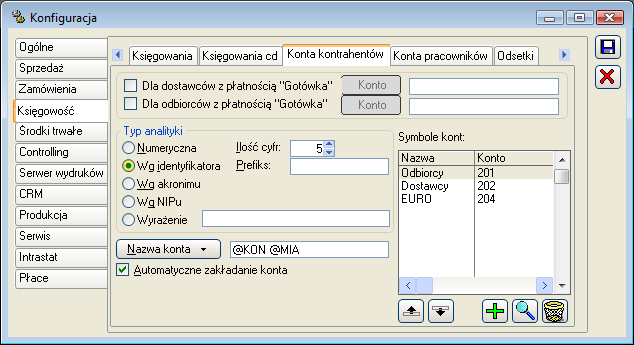 Rys. 9.8 Konfiguracja, zakładka: Konta kontrahentów. Uwaga: Nie można usunąć predefiniowanych symboli kont Odbiorcy i Dostawcy. 9.3.1.