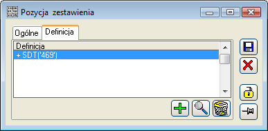 Rys. 9.238 Dodawanie pozycji zestawienia, zakładka Ogólne. Następnie należy wybrać zakładkę Definicja (Rys. 9.239). Rys. 9.239 Dodawanie pozycji zestawienia, zakładka Definicja.