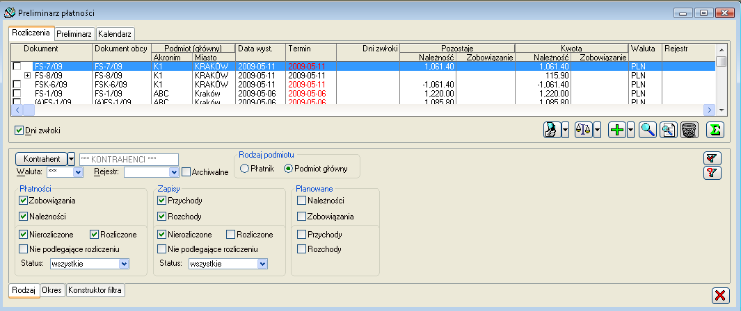 Rys. 9.89 Lista: Preliminarz Płatności, zakładka: Rozliczenia. W związku z możliwością stosowania preliminarza w tak szerokim zakresie nie może on składać się tylko z jednej listy.