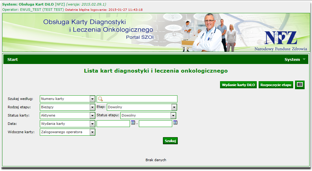 PRACA W SYSTEMIE AP-DILO 32 Na tym ekranie widać karty wystawione w ramach danego świadczeniodawcy.