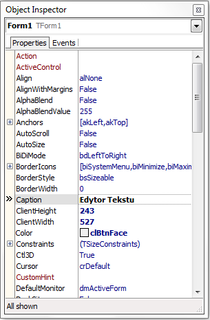 Object Inspector wyświetla jego właściwości 2.