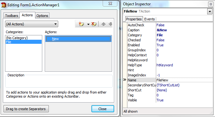 6. Upewnijmy się,że wybrane jest (No Category) w edytorze Action Manager i Action1 w Actions. W Object Inspector ustawiamy następujące właściwości: W Caption wpisujemy &New.