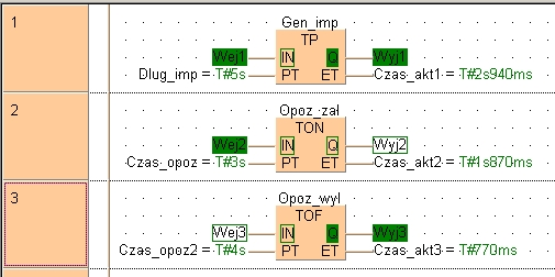 Dostępne są następujące bloki: generator impulsu (TP), opóźnione załączenie (TON) oraz opóźnione wyłączenie (TOF).