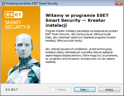 Instalacja Program ESET Smart Security zawiera komponenty, które mogą wchodzić w konflikt z innymi produktami antywirusowymi lub oprogramowaniem zabezpieczającym zainstalowanym na komputerze.