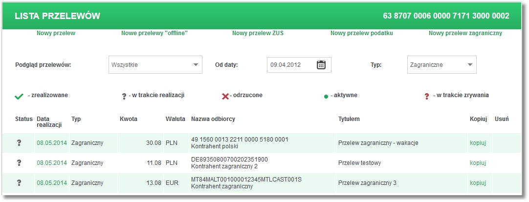 Rozdział 10 Przelewy Poniżej zaprezentowana została formatka ze szczegółami przelewu obrazująca wartość w polu Data realizacji odpowiadającą wartości w kolumnie Data realizacji dla listy przelewów.