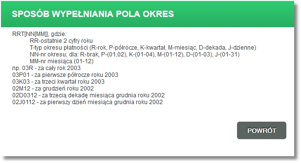 Rozdział 12 Zlecenia stałe listy: Okres US - okres, którego zobowiązanie podatkowe dotyczy, informacja prezentowana po wyborze przycisku [OPIS]: Kwota - kwota zlecenia Identyfikacja zobowiązań - Pole