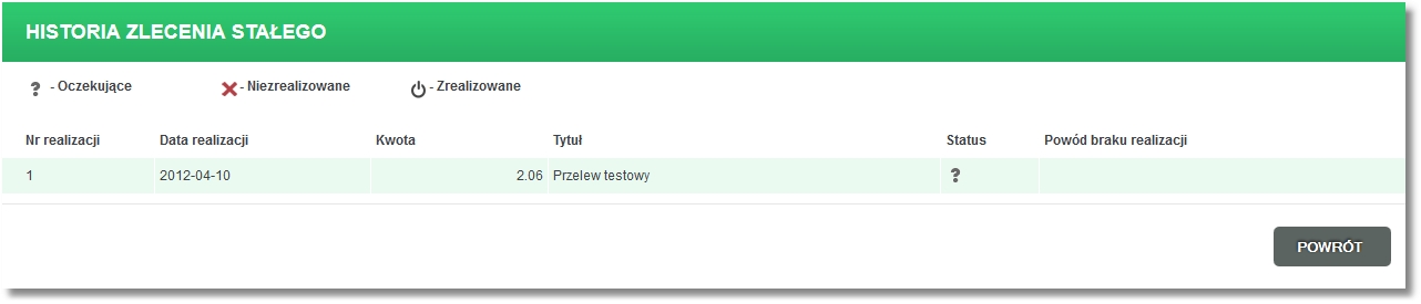 Rozdział 12 Zlecenia stałe W przypadku niepowodzenia operacji pobrania kosztów prezentowany jest komunikat: "Brak informacj i o kosztach transakcj i ze względu na chwilową niedostępność usługi".