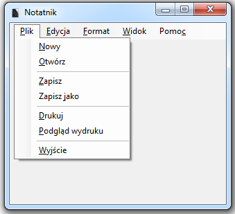 Pasek menu Z Toolbox'a (karta po prawej stronie, jeżeli jej nie ma: View -> Toolbox lub Ctrl+Alt+X) wybieramy komponent MenuStrip z grupy Menus & Toolbars. Przeciągamy go na okno naszego programu.