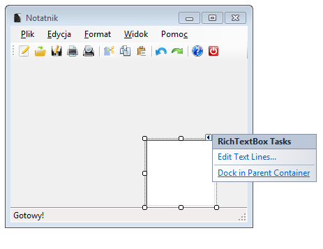 Pole tekstowe W naszym programie brakuje jeszcze najważniejszego elementu, Pola tekstowego, aby je dodać Toolbox'a wybieramy komponent RichTextBox z grupy Common Controls i dodajemy go do programu.