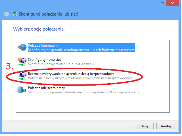 W kreatorze należy wybrać opcję Ręczne nawiązywanie połączenia z siecią bezprzewodową, a następnie kliknąć przycisku Dalej.