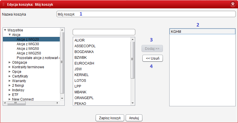 3. Modyfikowanie koszyka notowań W celu edycji istniejącego koszyka należy wybrać opcję Rynek Notowania Wskazać modyfikowany koszyk Edytuj koszyk.