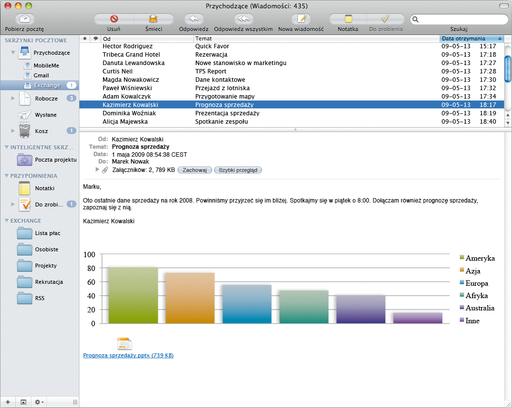 Mail Do rozpoczęcia korzystania z Exchange wystarczy podanie swojego adresu email i hasła resztę wykona program Mail. Snow Leopard automatycznie skonfiguruje również programy ical i Książka adresowa.