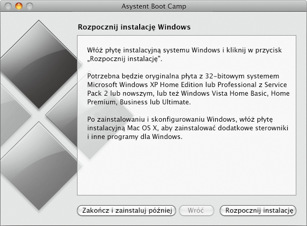 Instalowanie systemu Windows Włóż płytę instalacyjną systemu Windows XP lub Windows Vista i kliknij w przycisk Rozpocznij instalację.