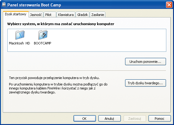 Przełączanie systemów W systemie Mac OS X: otwórz Preferencje systemowe, kliknij w Dysk startowy i zaznacz partycję Windows.