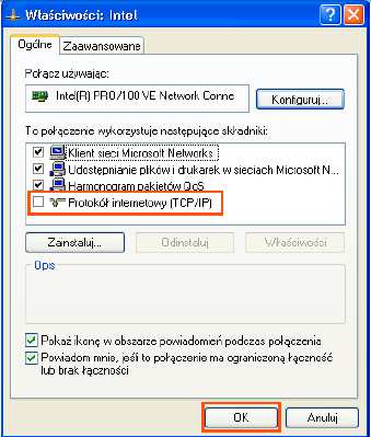 13.W oknie Właściwości odznaczamy składnik Protokół internetowy