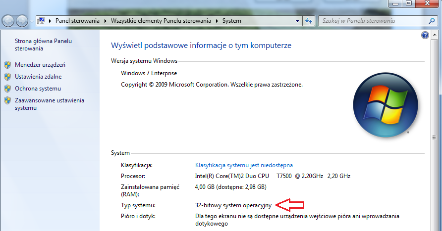 Widok okna System z Panelu sterowania UWAGA: 32-bitowa wersja systemu Windows jest w stanie obsłużyć nieco ponad 3 GB RAM.