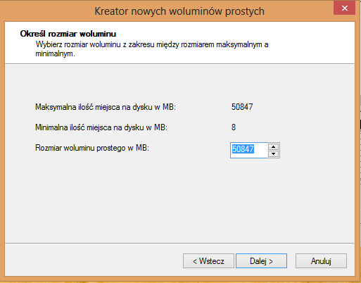 Uruchamia się kreator woluminów i ty jak poprzednio przy tworzeniu partycji dysku podajemy wielkość partycji w megabajtach(przypominam że aby wykorzystać całe miejsce na dysku klikamy Dalej gdyż